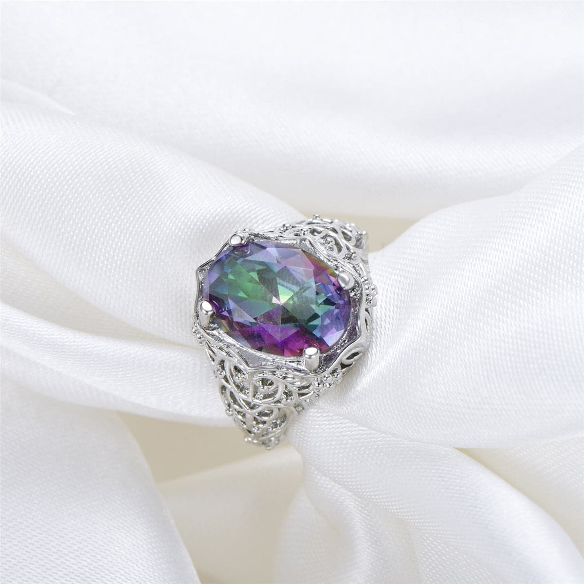 Purple Iridescent Crystal & Silvertone Oval-Cut Filigree Ring - streetregion
