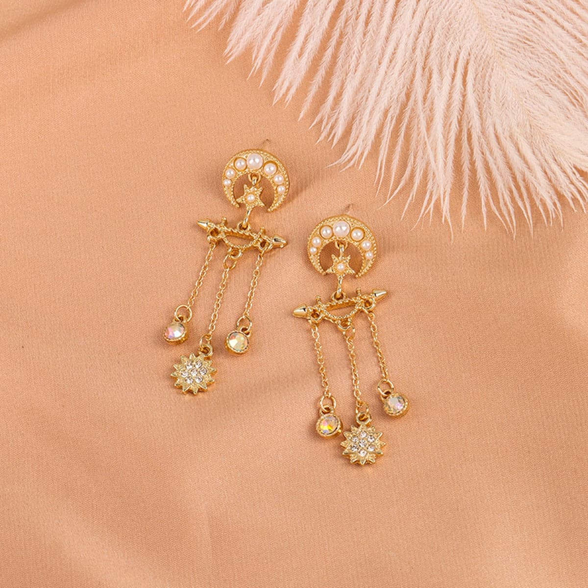 Pearl and Cubic Zirconia 18K Gold-Plated Celestial Chandelier Drop Earrings, gold drop earrings for women, detail close-up