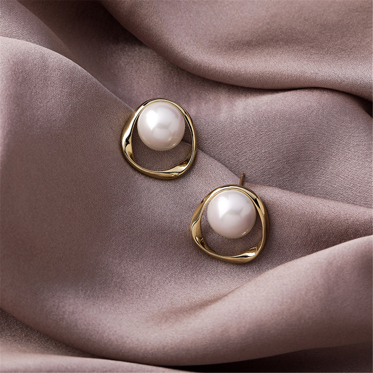 Pearl and 18K Gold-Plated Stud Earrings, gold stud earrings for women, botanical inspired, detail close-up