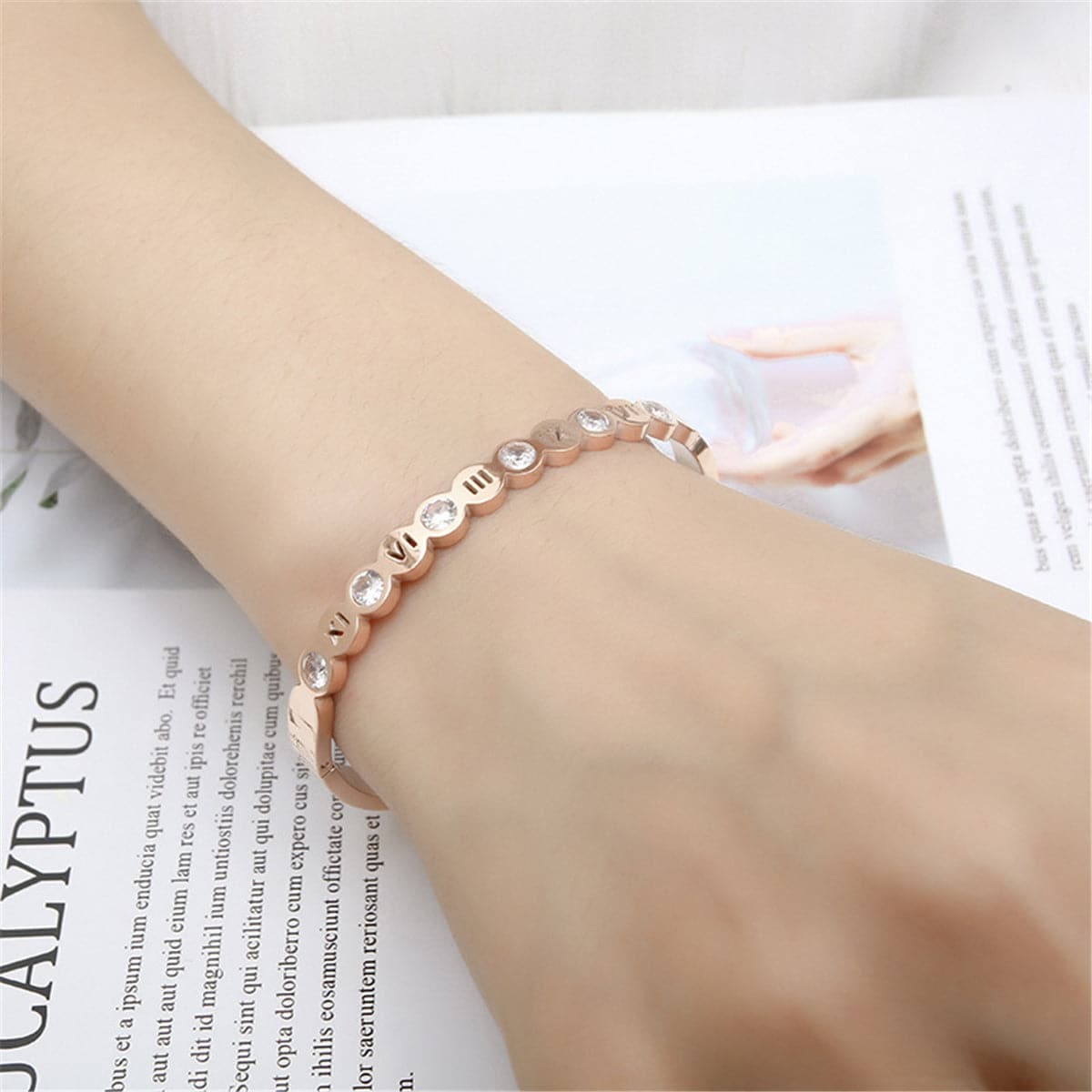 Cubic Zirconia & 18K Rose Gold-Plated Roman Numeral Bangle