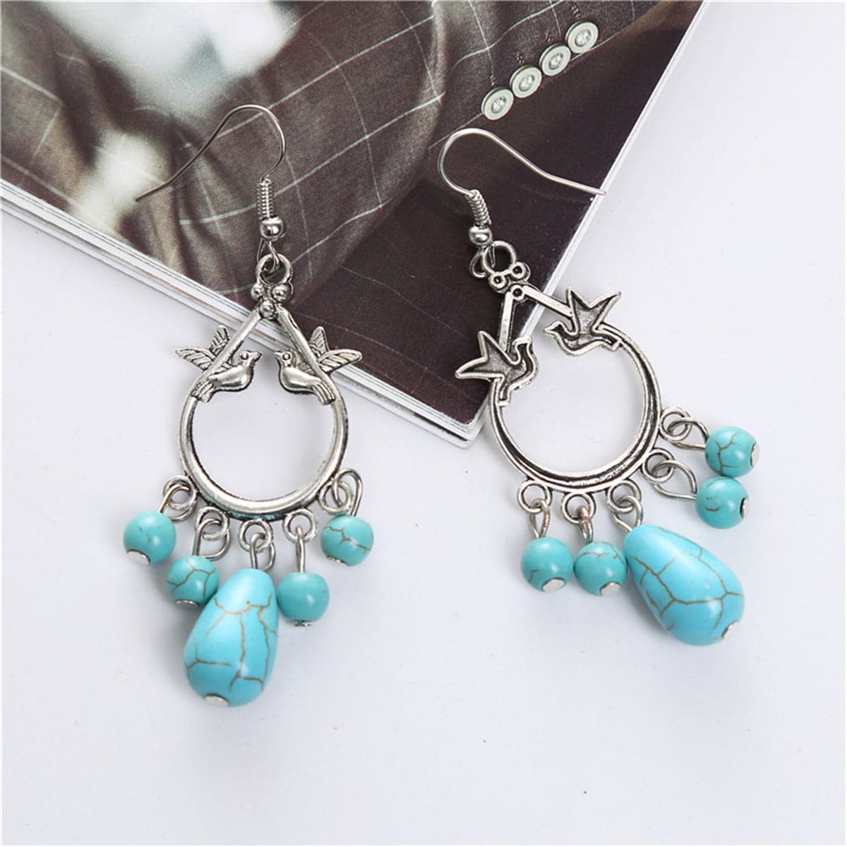 Turquoise & Silver-Plated Bird Teardrop Earrings