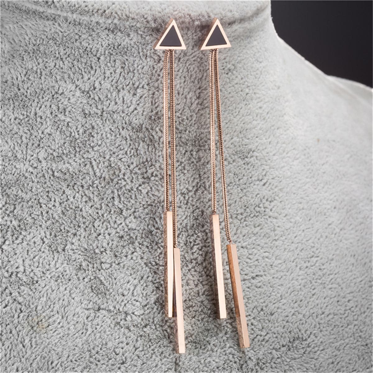 18K Rose Gold-Plated and Black Triangle and Tassel Drop Earrings, rose gold drop earrings for women, lifestyle look