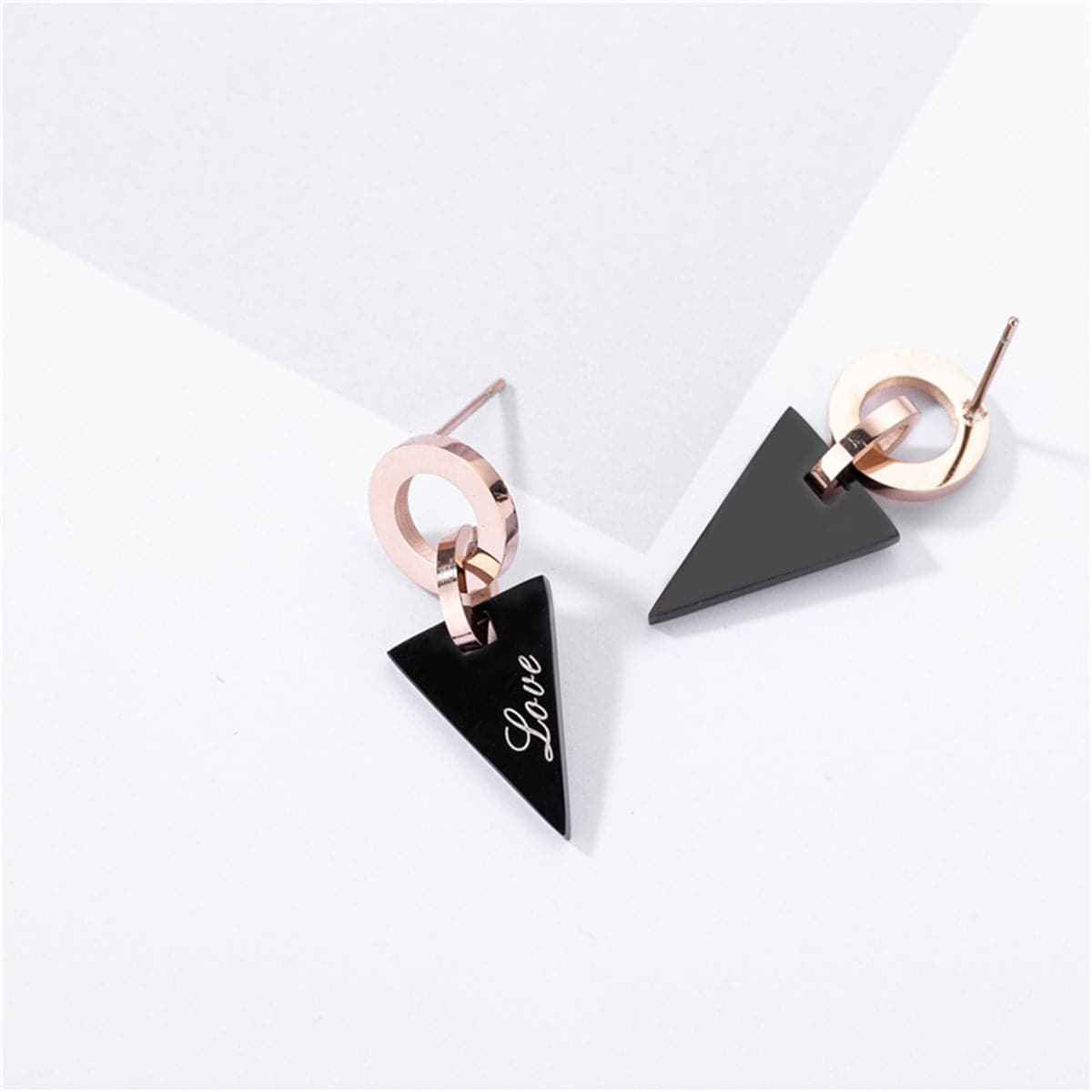 Black and 18K Rose Gold-Plated 'Love' Triangle Drop Earrings, rose gold drop earrings for women, styled look