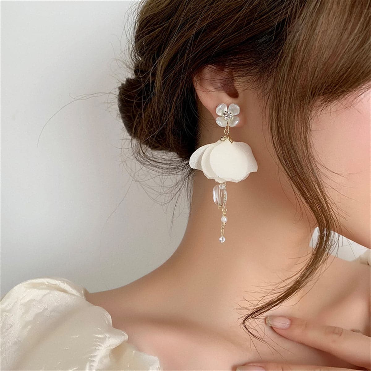 Cubic Zirconia and Pearl Floral Petal Drop Earrings, drop earrings for women, vintage-inspired design, front view