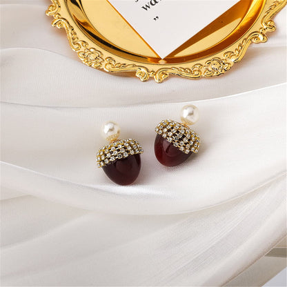 Crystal and Pearl Cubic Zirconia 18K Gold Plated Hazelnut Ear Jackets, gold drop earrings for women, side view