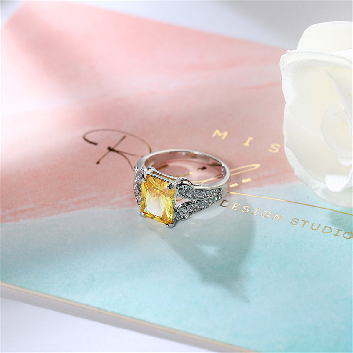 Yellow Crystal and Cubic Zirconia Princess-Cut Ring, statement rings for women, vintage-inspired design, side view