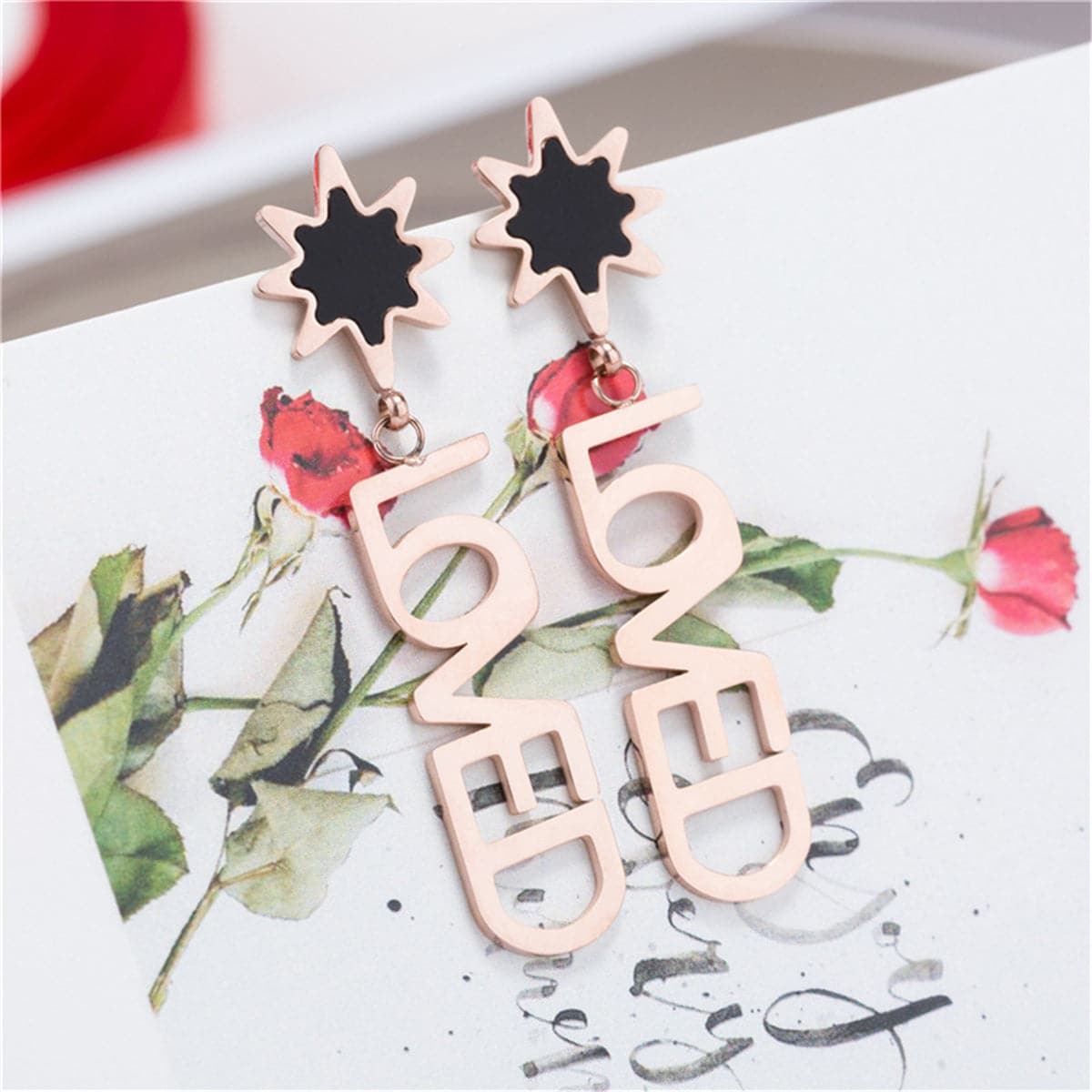 Black and 18K Rose Gold-Plated 'Loved' Drop Earrings, rose gold drop earrings for women, everyday style, styled look