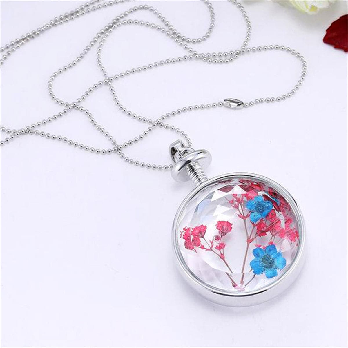 Purple and Red Pressed Peach Flower Round Pendant Necklace, pendant necklace for women, detail close-up