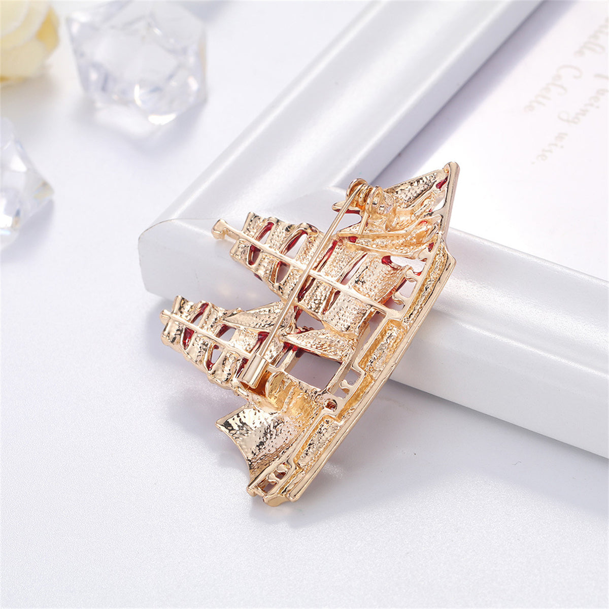 Gold-Plated and Red Oil-Drop Sailboat Brooch, gold brooch pin, dainty minimalist design, side view
