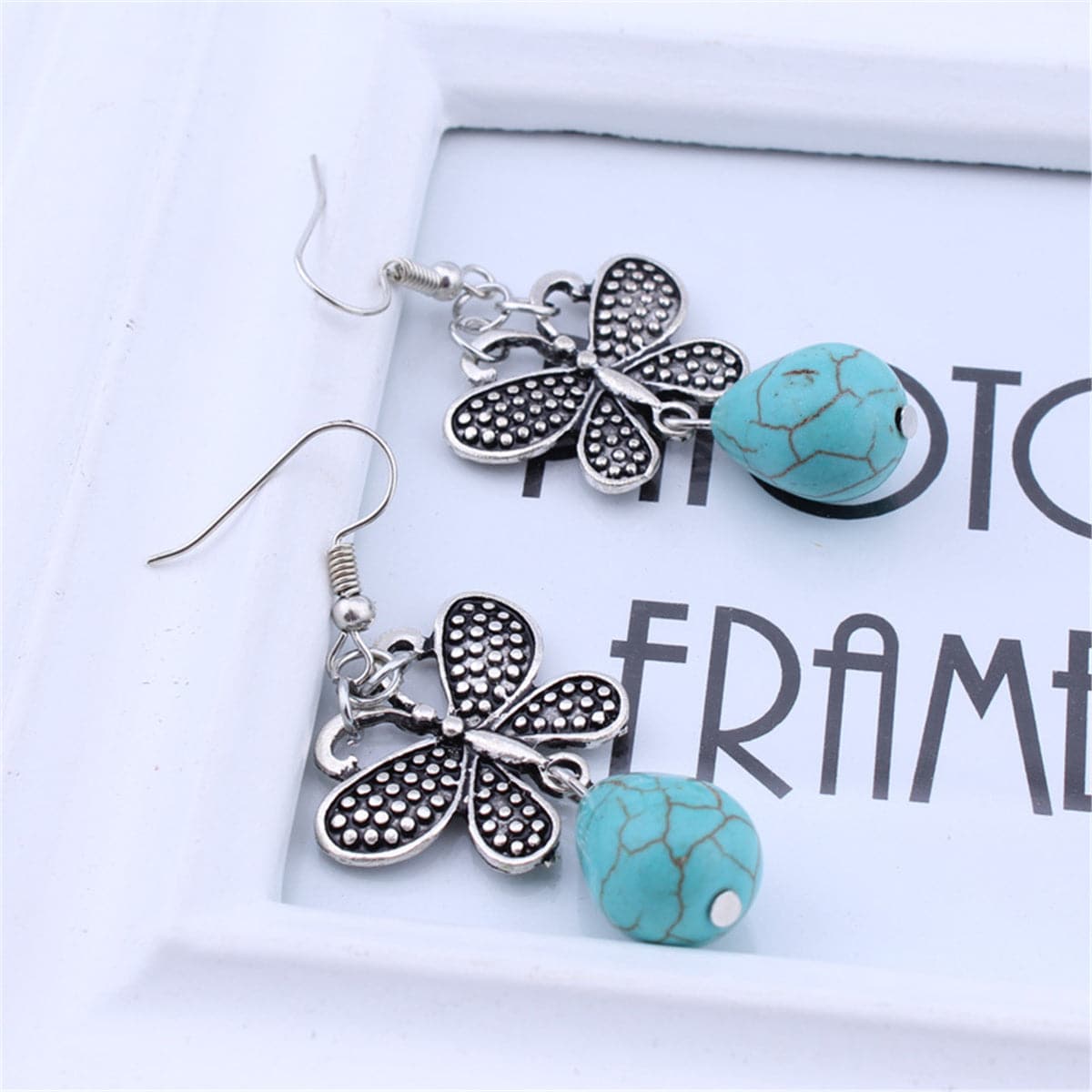 Turquoise & Silver-Plated Butterfly Drop Earrings