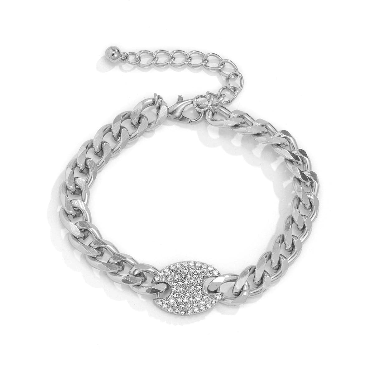 Cubic Zirconia and Silver-Plated Curb Chain Oval Bracelet, silver bracelet for women, dainty minimalist design, side view