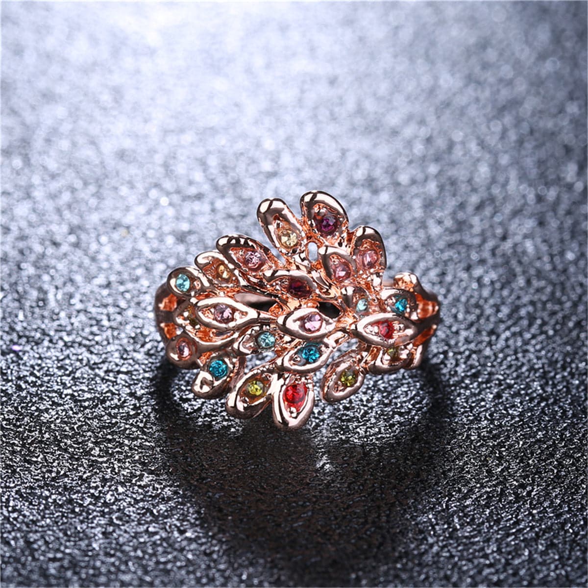Cubic Zirconia & 18k Rose Gold-Plated Peacock Feather Ring - streetregion
