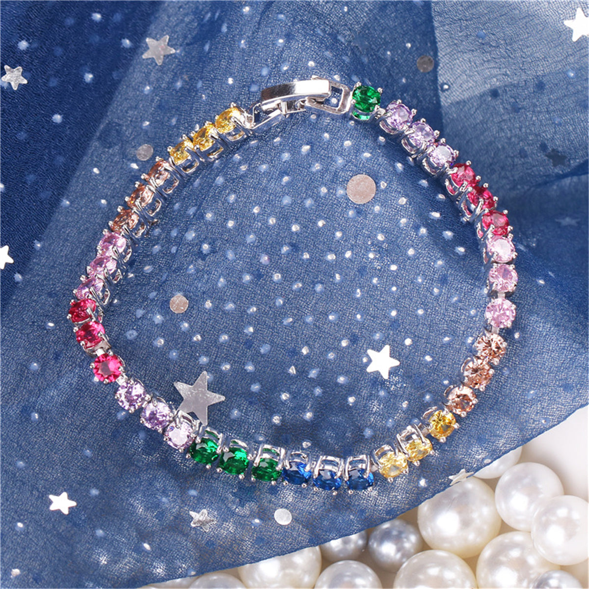 Pink and Purple Crystal Silver-Plated Tennis Bracelet, silver bracelet for women, vintage-inspired design, styled look