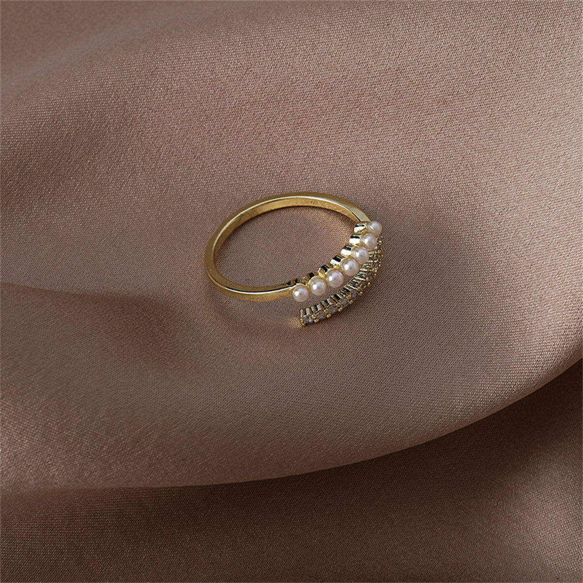 Cubic Zirconia & Pearl 18K Gold-Plated Prong-Set Bypass Ring