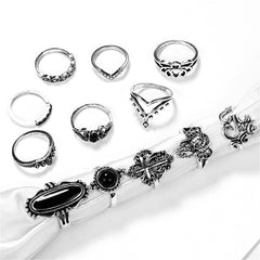 Black Resin & Silver-Plated Lotus Elephant Cross Ring Set