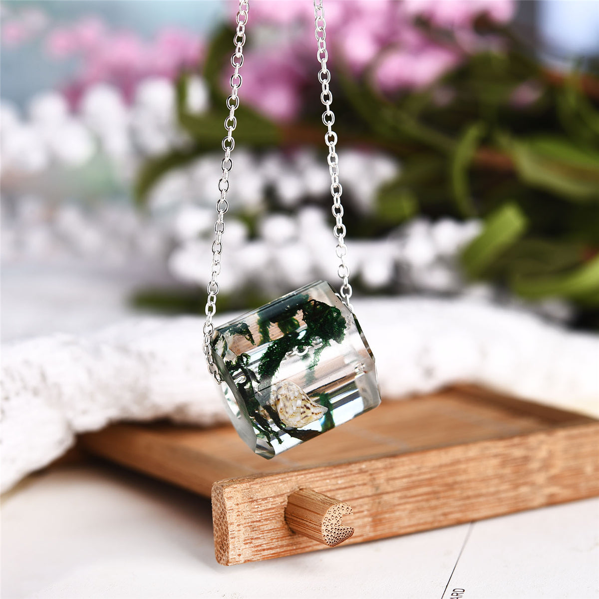 Dark Green Dried Algae and Silver-Plated Cylinder Pendant Necklace, silver pendant necklace for women, front view