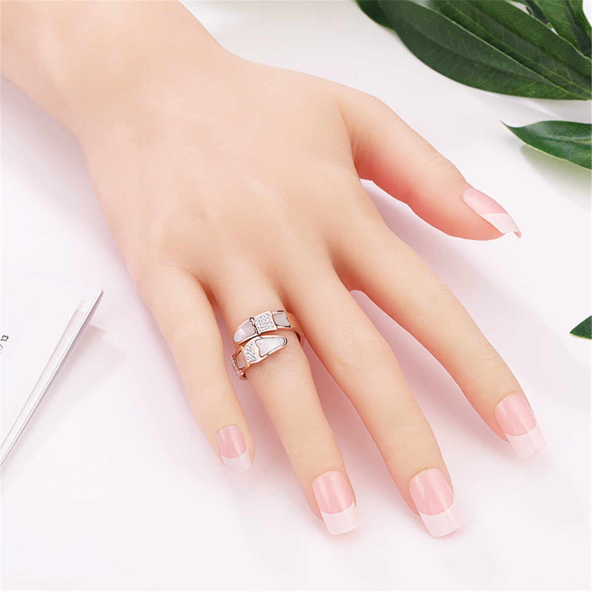 Cubic Zirconia and Shell Pangolin Scale Bypass Ring, statement rings for women, everyday style, detail close-up