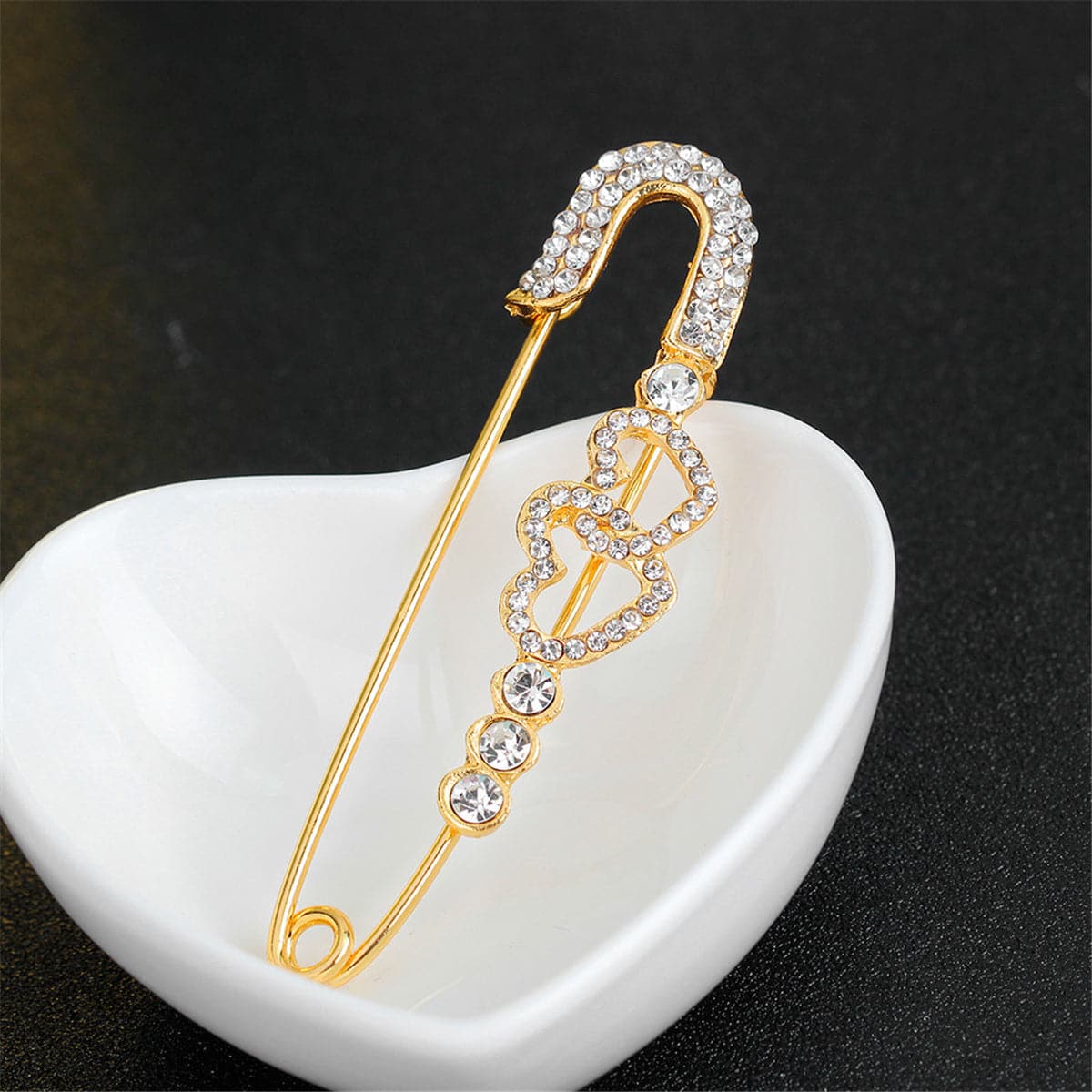 Cubic Zirconia & 18K Gold-Plated Open Heart Pin Brooch