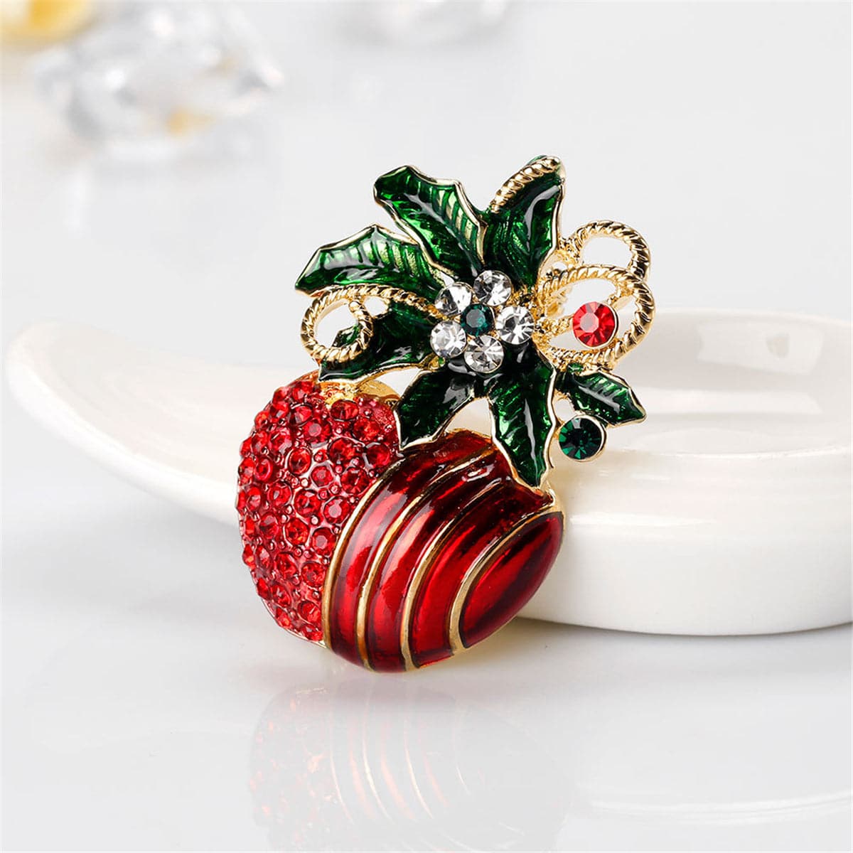 Cubic Zirconia and 18K Gold-Plated Botany Apple Brooch, gold brooch pin, everyday style, front view