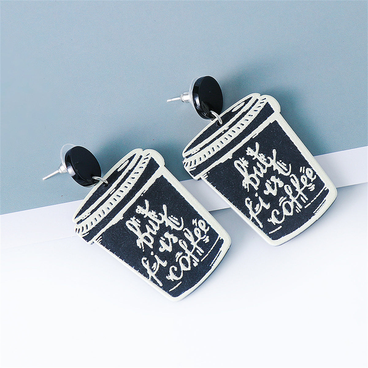 Black & Silver-Plated 'But First Coffee' Drop Earrings