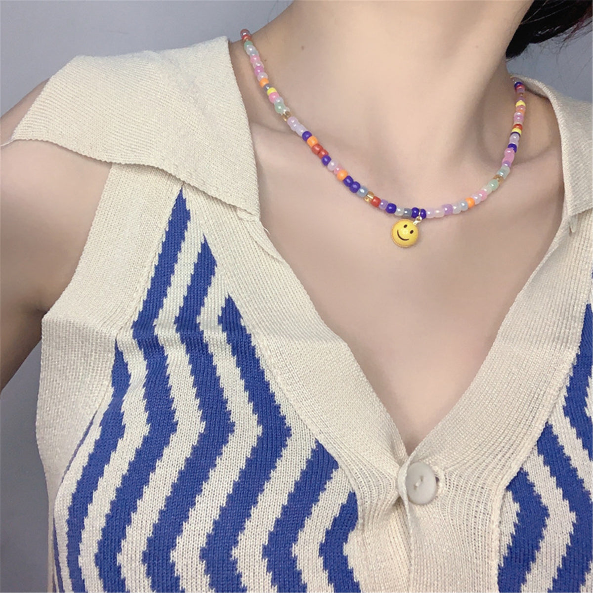 Colored Acrylic Bead and 18K Gold-Plated Smiley Necklace, gold pendant necklace for women, detail close-up