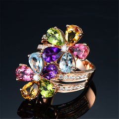 Rainbow Crystal & 18K Rose Gold-Plated Flower Band Ring