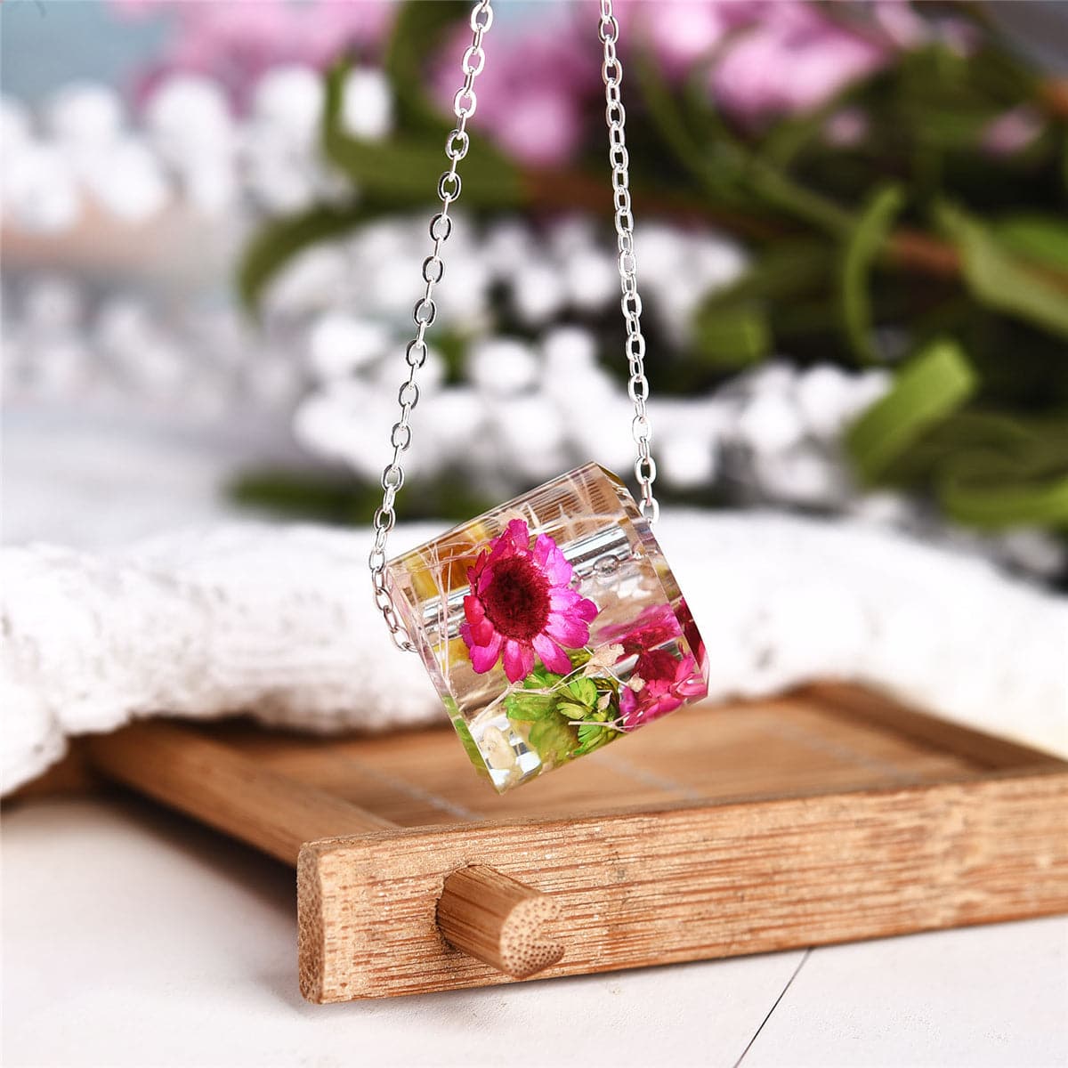 Dark Pink Dried Flower & Silver-Plated Cylinder Pendant Necklace