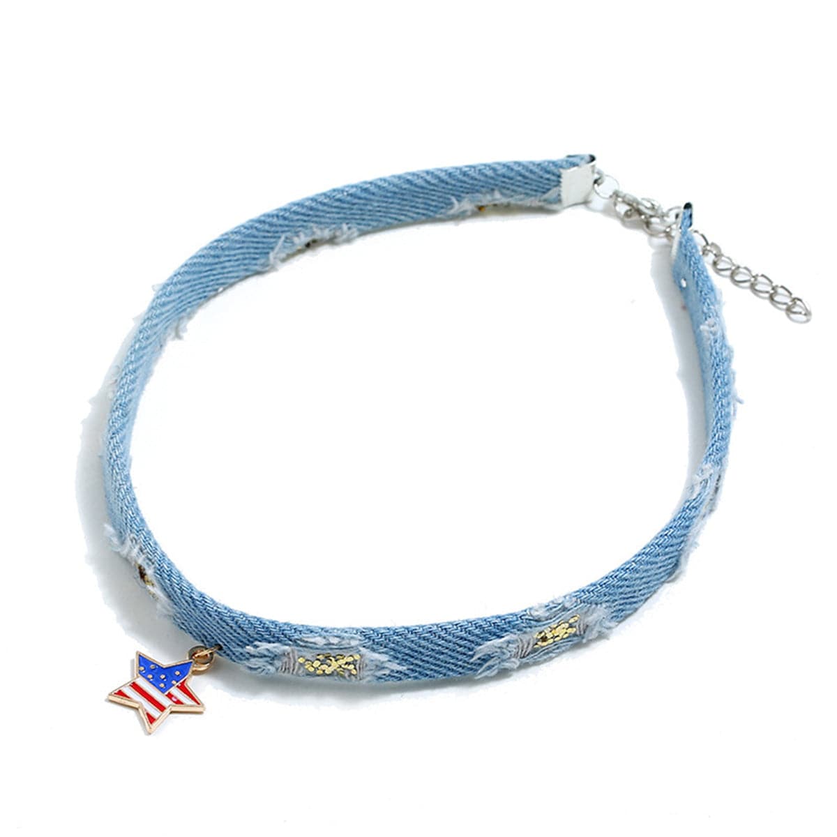 Light Blue Enamel and Polyster Two Tone American Flag Star Choker Necklace, chunky choker necklace, side view