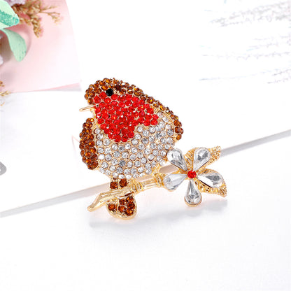 Red and Multicolor Cubic Zirconia and 18K Gold-Plated Bird Brooch, gold brooch pin, everyday style, detail close-up