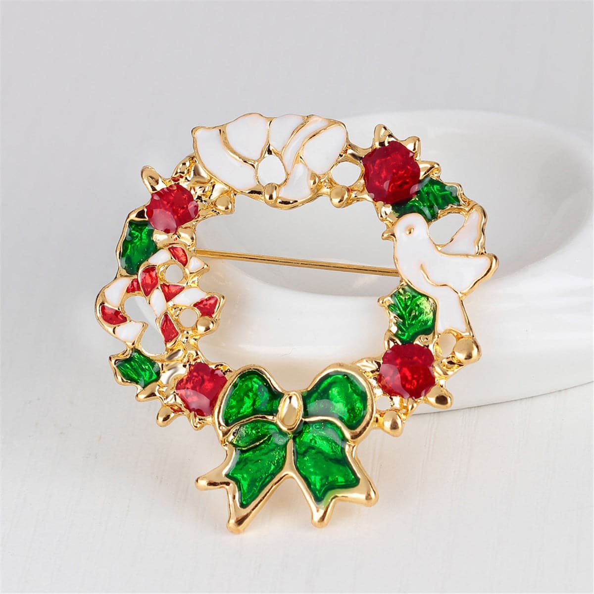 Red & 18K Gold-Plated Floral Bow Wreath Brooch