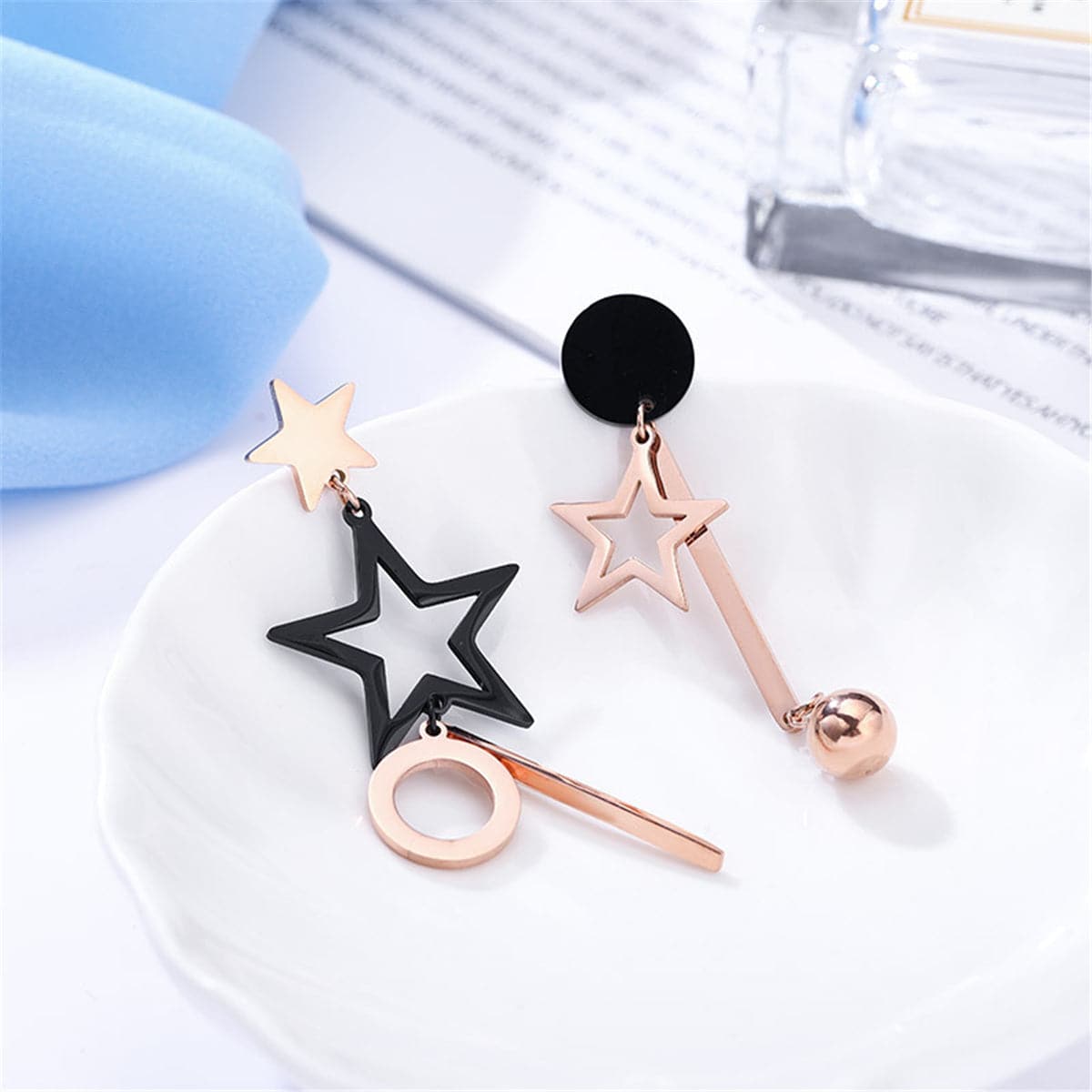 Black and 18K Rose Gold-Plated Star Asymmetric Drop Earrings, rose gold drop earrings for women, everyday style, styled look