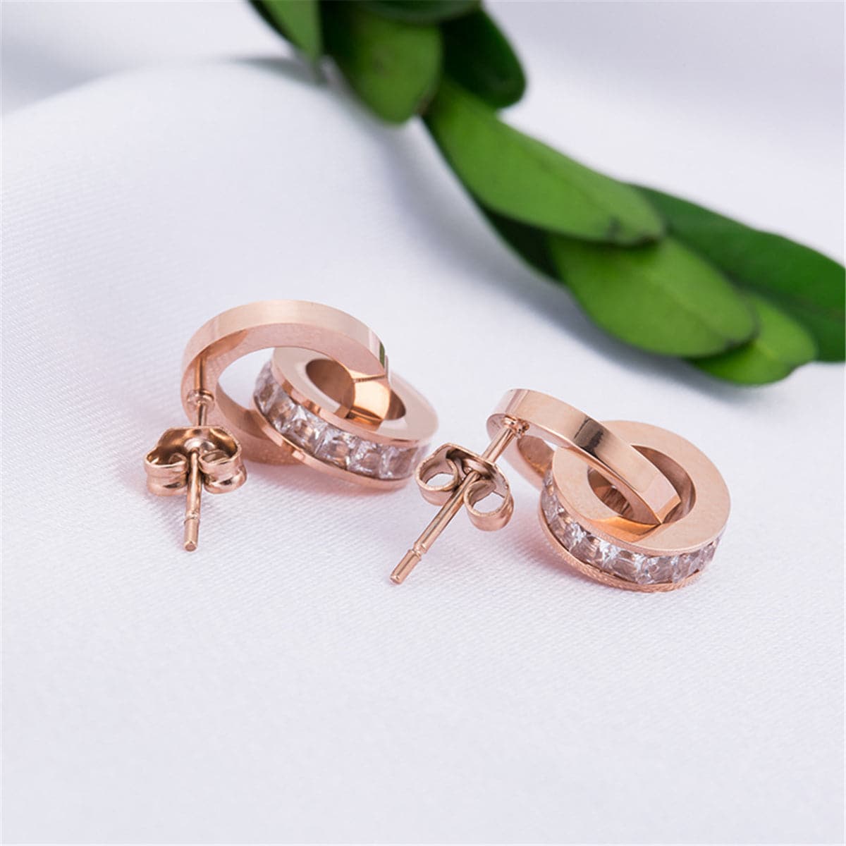 cubic zirconia & 18k Rose Gold-Plated Double Circle Drop Earrings - streetregion