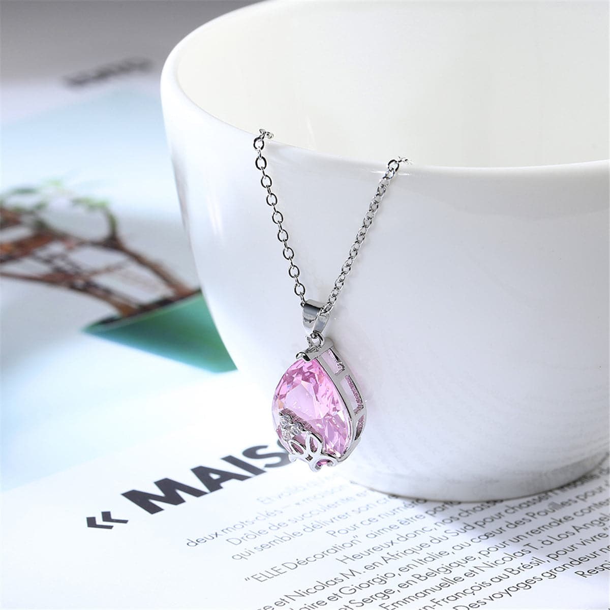 Pink Crystal & Silver-Plated Teardrop Pendant Necklace