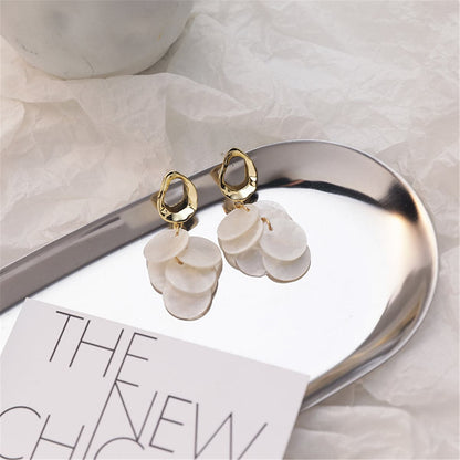 Shell and 18K Gold-Plated Tiered Drop Earrings, gold drop earrings for women, everyday style, detail close-up