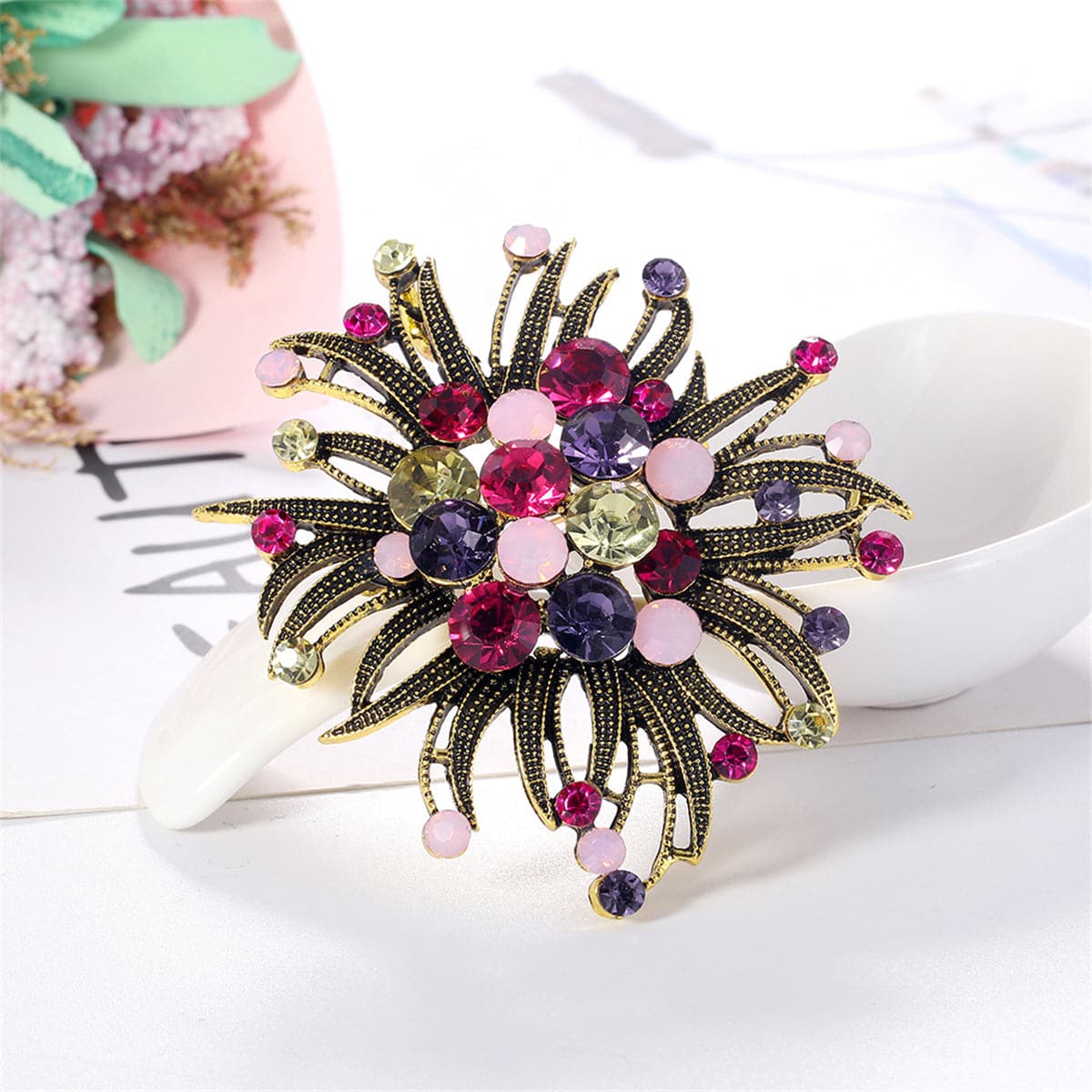 Magenta & Purple Crystal Milgrain Cluster Floral Brooch
