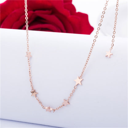 18K Rose Gold-Plated Star Station Necklace, rose gold pendant necklace for women, dainty minimalist design, detail close-up