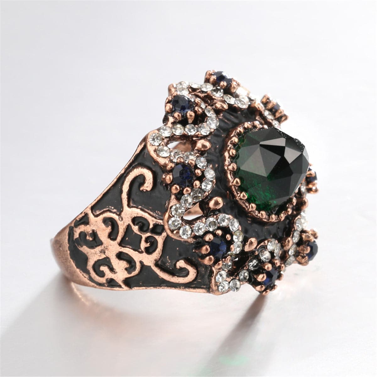 Green Crystal & Cubic Zirconia Floral Pattern Ring