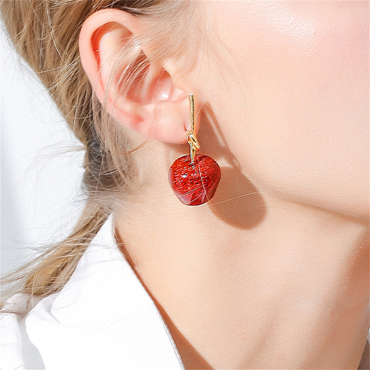 Red Resin and 18K Gold-Plated Cherry Drop Earrings, gold drop earrings for women, elegant gift for her, side view