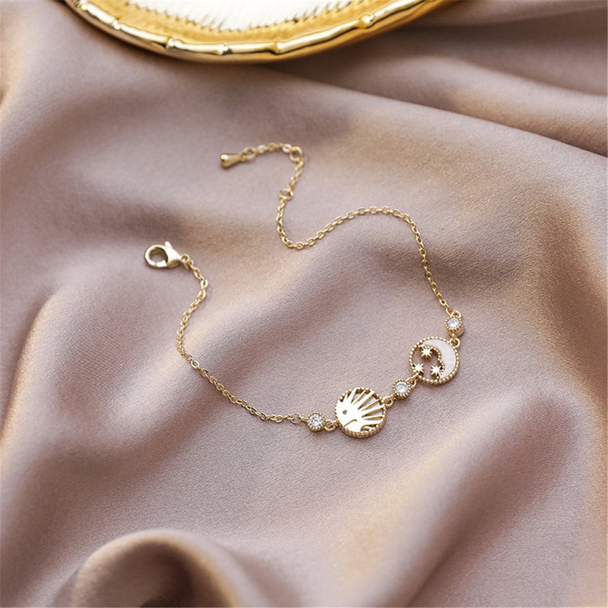 Cubic Zirconia and Shell 18K Gold Plated Round Moon Sun Charm Bracelet, gold bracelet for women, everyday style, side view