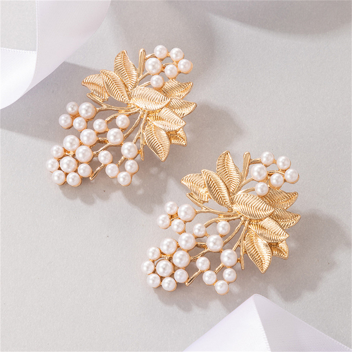 Pearl and 18K Gold-Plated Botanical Drop Earrings, gold drop earrings for women, botanical inspired, side view