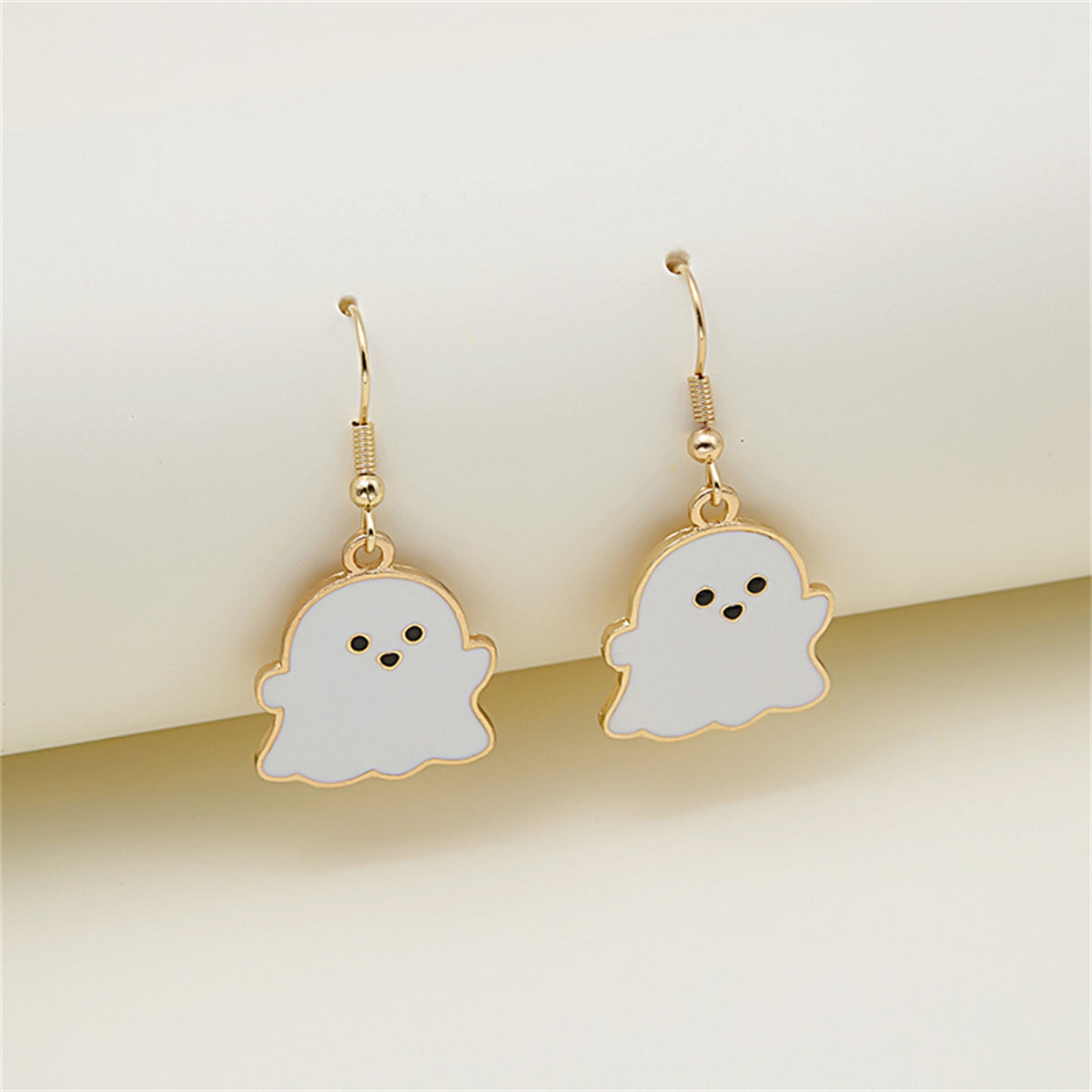 White Enamel and 18K Gold-Plated Ghost Drop Earrings, gold drop earrings for women, vintage-inspired design, front view