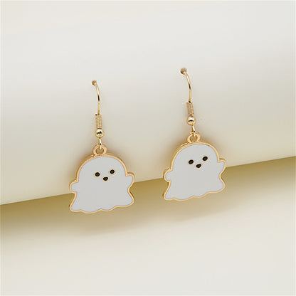 White Enamel and 18K Gold-Plated Ghost Drop Earrings, gold drop earrings for women, vintage-inspired design, front view