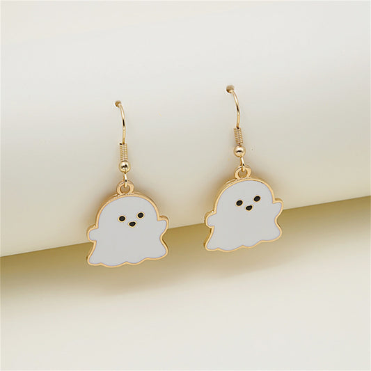 White Enamel and 18K Gold-Plated Ghost Drop Earrings, gold drop earrings for women, vintage-inspired design, front view
