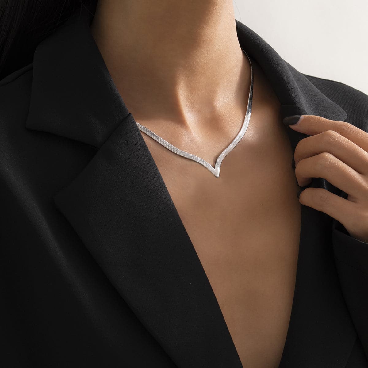 Silver-Plated Snake Chain V Necklace, chunky silver choker necklace, botanical inspired, side view