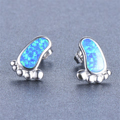 Blue Opal & Silver-Plated Footprint Stud Earrings