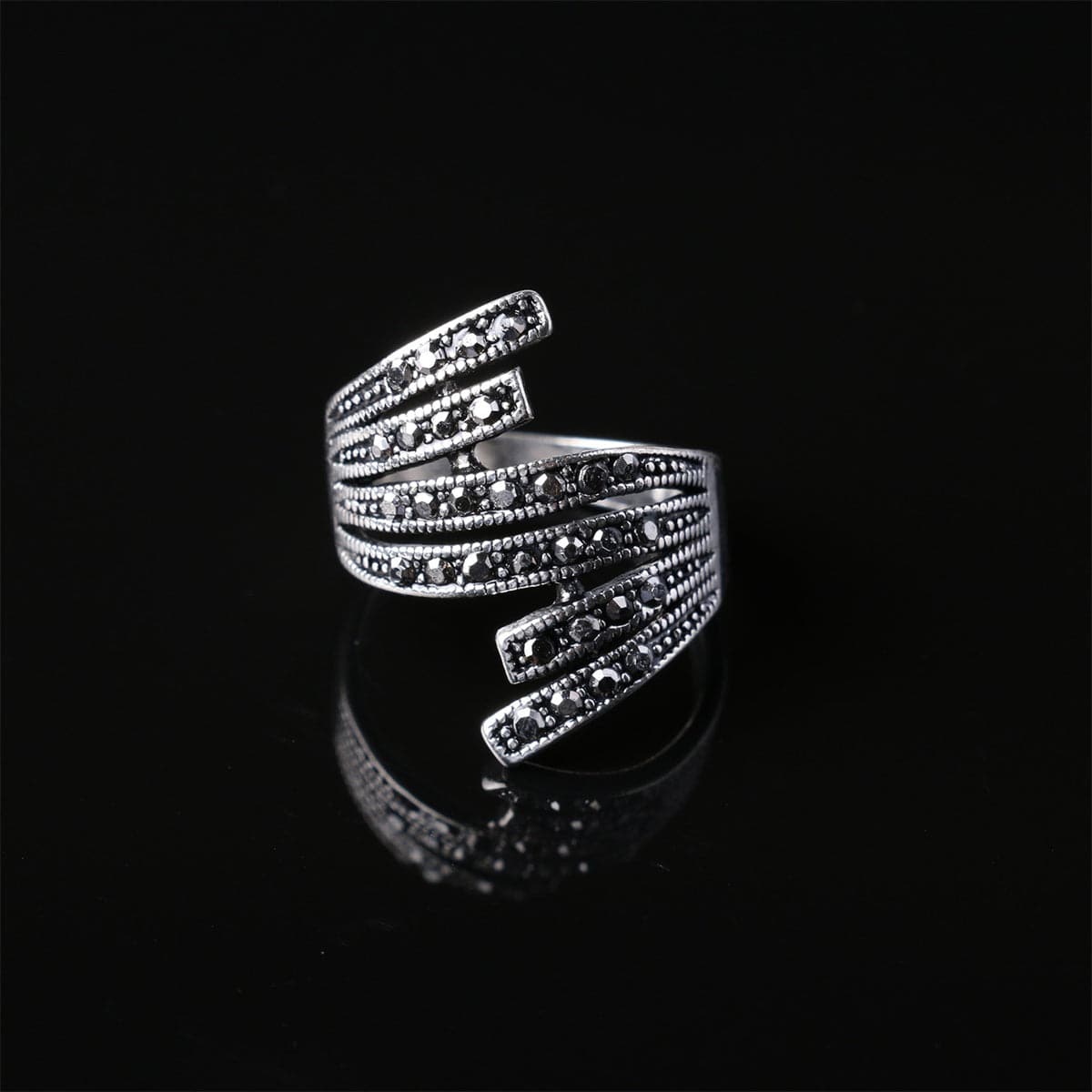 Black Cubic Zirconia Wing Band Ring, statement rings for women, vintage-inspired design, lifestyle look