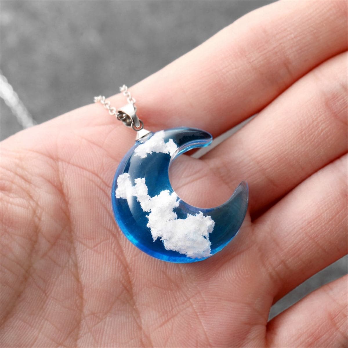 Blue Resin and Silver-Plated Moon Pendant Necklace, silver pendant necklace for women, elegant gift for her, detail close-up