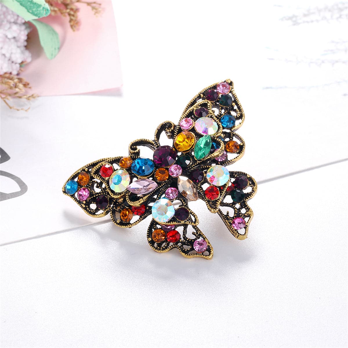 Blue Multicolor Crystal & Cubic Zirconia Butterfly Brooch