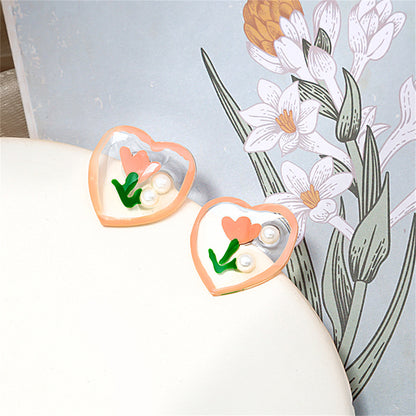 Pearl and Pink Tulip Heart Stud Earrings, stud earrings for women, dainty minimalist design, lifestyle look