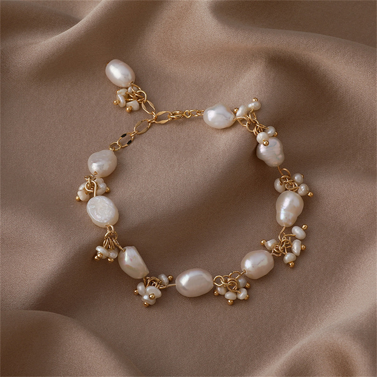 Pearl and 18K Gold-Plated Botany Station Bracelet, gold bracelet for women, botanical inspired, side view